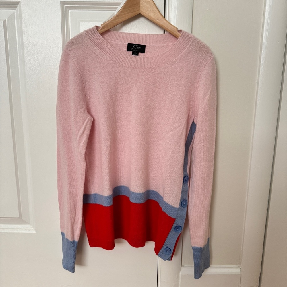 J.Crew Long-sleeve cashmere crewneck sweater with side buttons pink blue red XXS